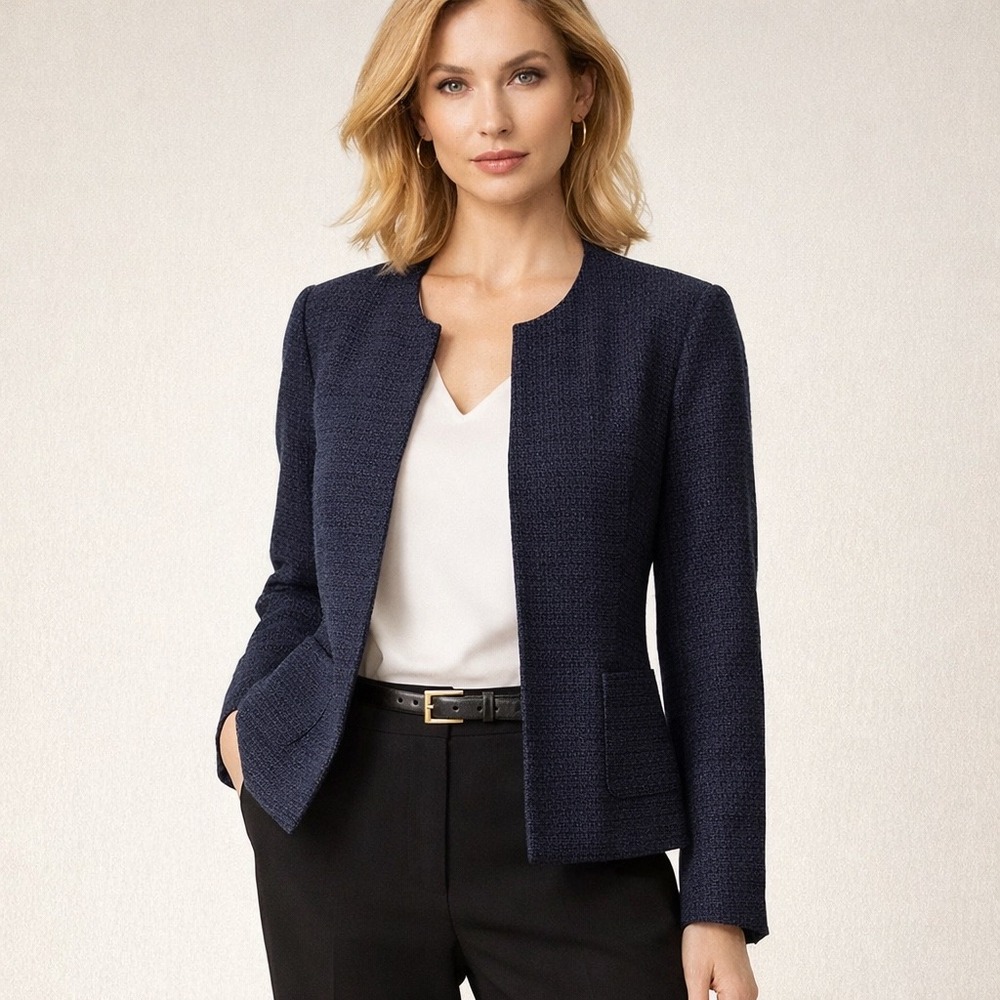 Karl Lagerfeld Textured Navy Collarless Blazer